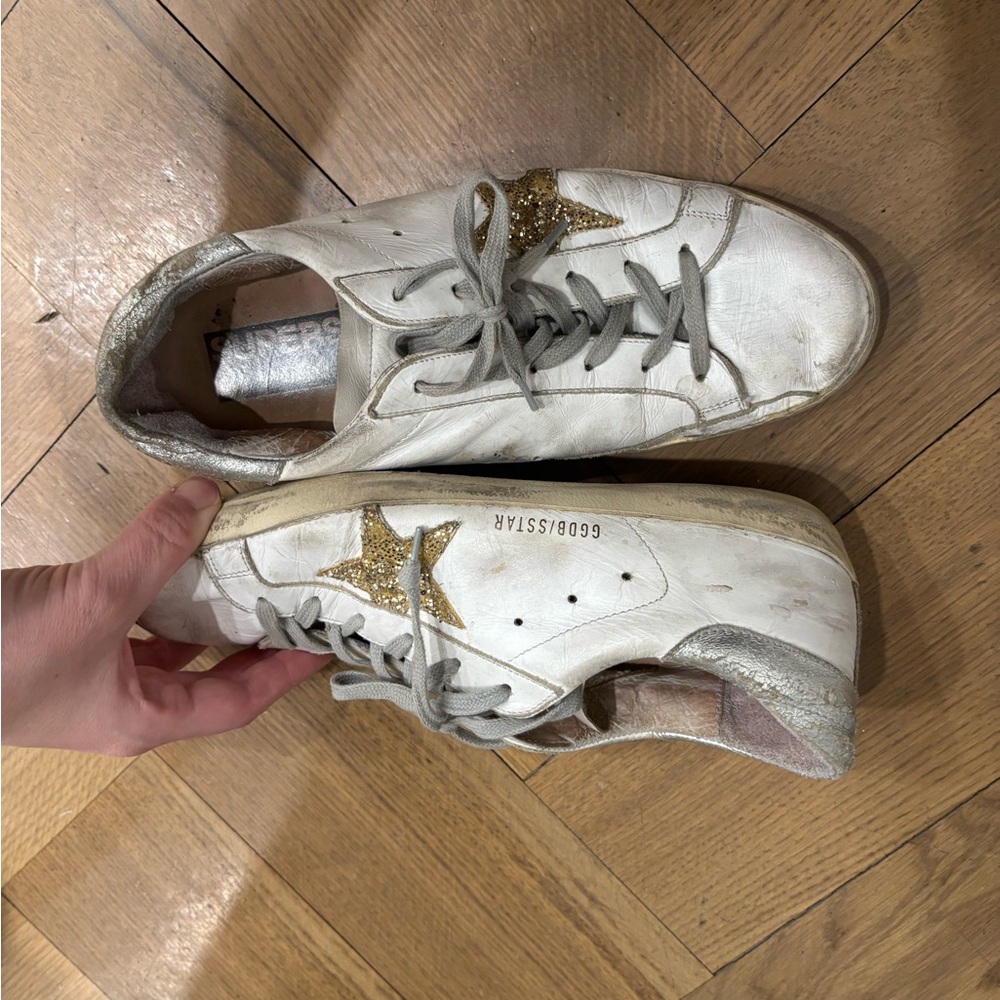 Golden Goose White Leather Sneakers with Gold Glitter Star - Women - Picture 3 of 6